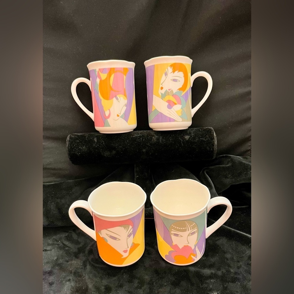 NEW 1986 Larry Laslo Sango "Visage" Art Deco Bone China Mugs Set of 4 + Box VTG